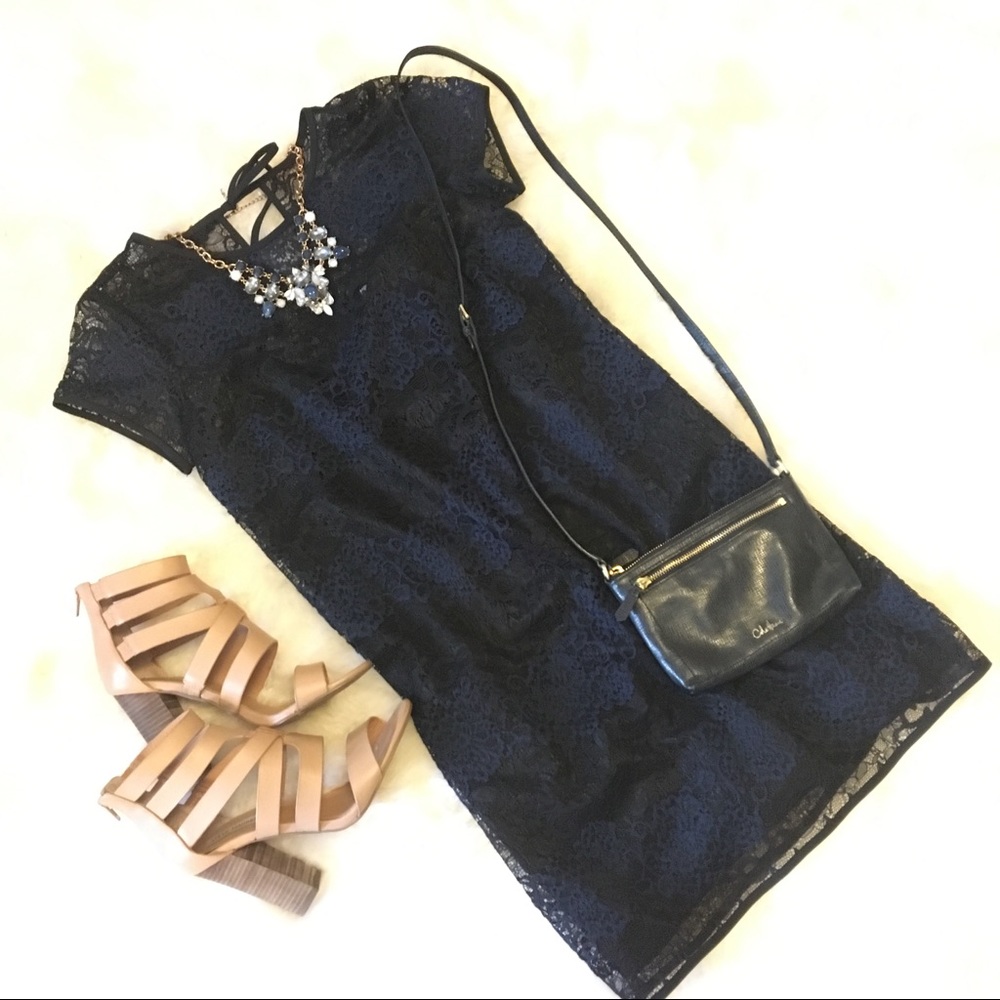 LOFT Navy and Black lace shift dress